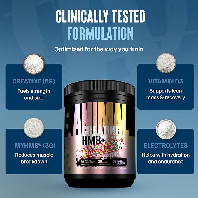 Animal Creatine HMB Powder x Smarties - 3g myHMB + 5g Creatine Monohydrate Powder with Electrolytes for Muscle Growth Recovery Endurance Pre/Post Workout - Smarties Flavor 30 Servings