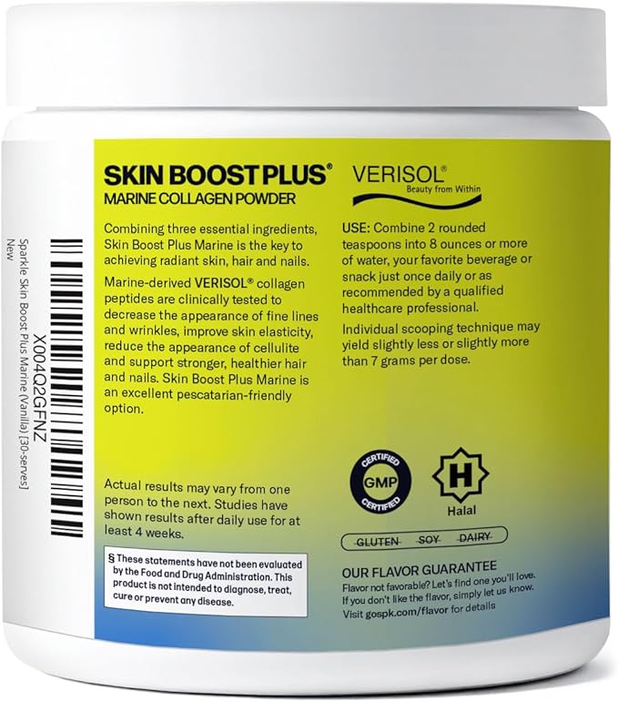 Sparkle Wellness Marine-derived VERISOL Bioactive Hydrolyzed Collagen Peptides | Collagen Powder Supplement with Vitamin C &amp Hyaluronic Acid | Marine Skin Boost Plus (Vanilla) [30-Serves]