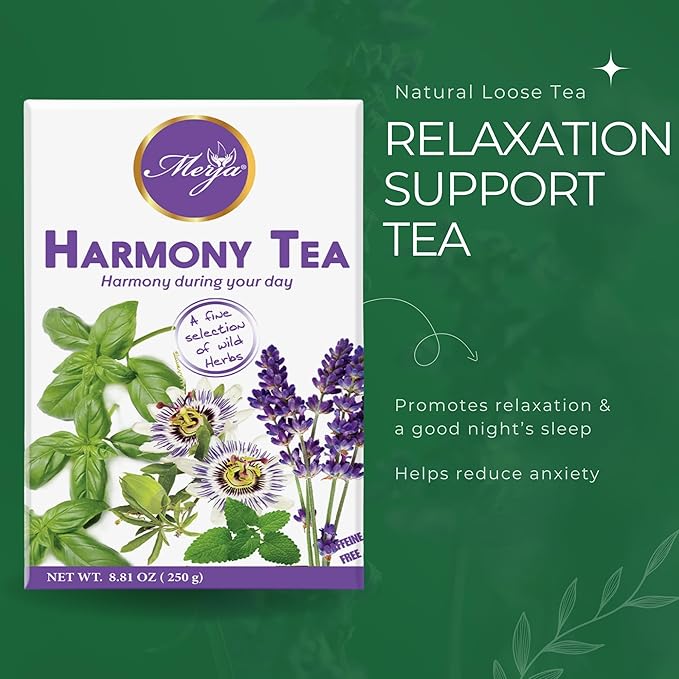 Merja Harmony Tea and Oil Set Natural Stress Relief Caffeine-Free Herbal Blend 8.81 oz Tea and 0.68 fl oz Oil