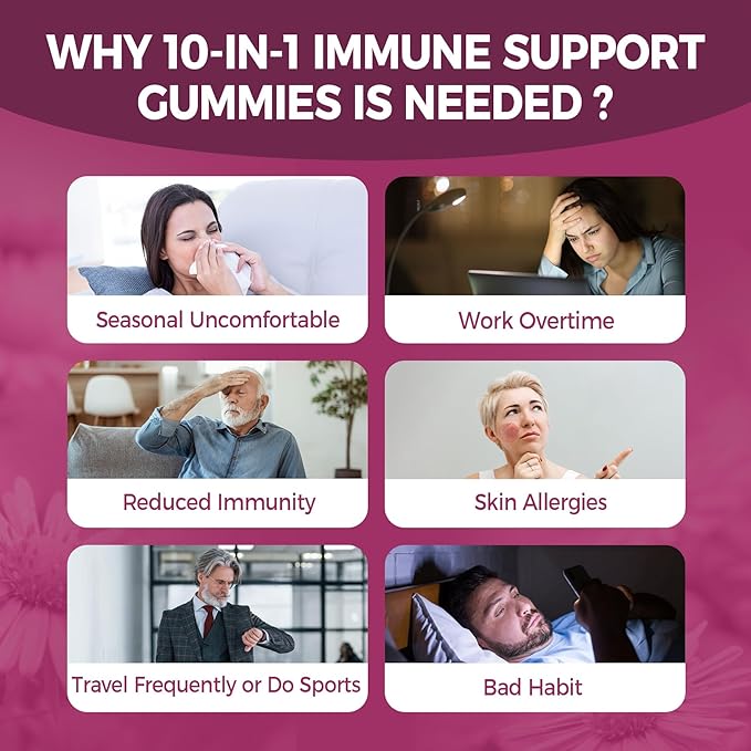 10 in 1 Immune Support Supplement Gummies w/Echinacea Elderberry Vitamin C and Zinc Selenium Vitamin D3 5000IU Magnesium Daily Immune Booster Multivitamin for Antioxidant Bone Energy 1 Pack