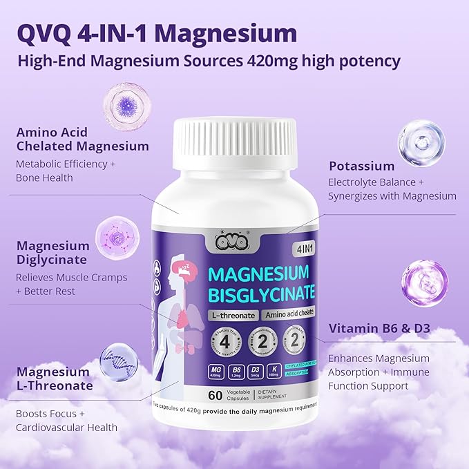 420 Mg Magnesium Bisglycinate L-Threonate Amino Acid Chelated Supplement with Vitamin and Potassium High Absorption Formula for Muscle Relaxation Bone &amp Joint Support Magnesium Complex Capsules(18