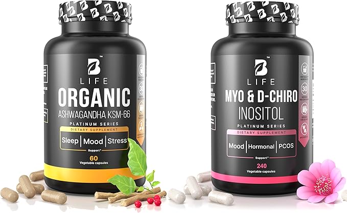 Ashwagandha KSM-66 + Myo-Inositol &amp D-Chiro Inositol by B Life | Hormonal Balance &amp Stress Support | 120 + 60 Capsules | Mood Focus &amp PCOS Support | Made in USA