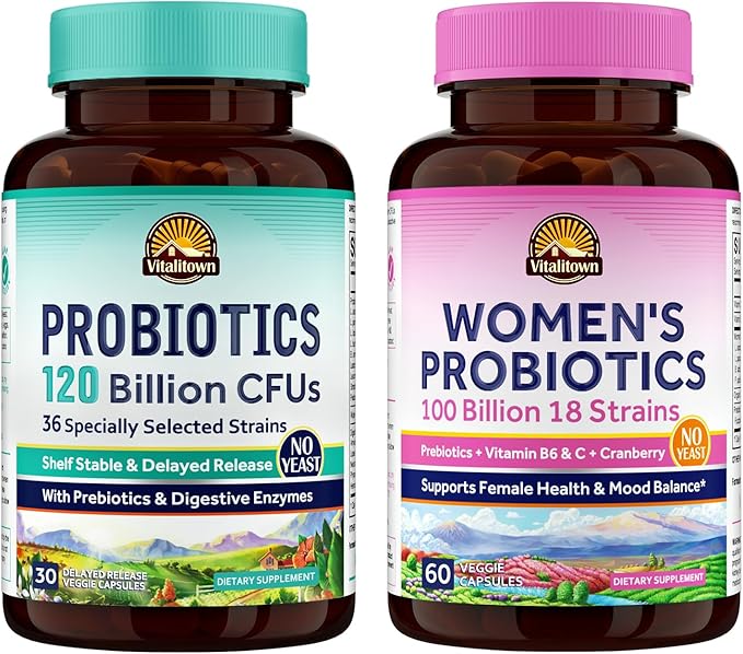 Vitalitown Probiotic Bundle (Pack of 2) | Probiotics 120 Billion CFUs (Item 1) &amp Women’s Probiotics P5P (Item 2) | Shelf Stable | Gut Immune Vaginal &amp Hormone Health