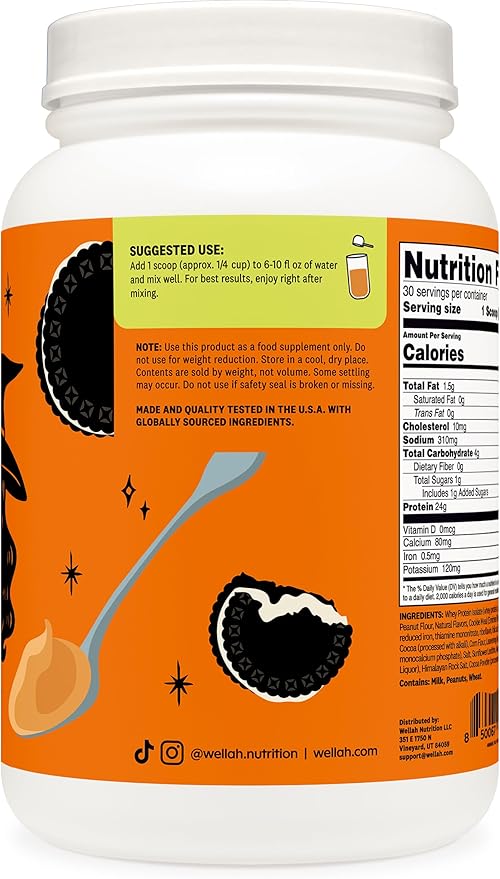 Wellah Grass-Fed Whey Protein Isolate Powder (Peanut Butter Cookie) 30 Servings - 24g of Protein 120 Calories Per Serving Naturally Sweetened