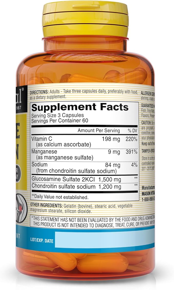Mason Natural Glucosamine Chondroitin 1500/1200 3 Per Day with Vitamin C Supports Joint Health Improved Flexibility and Mobility 180 Capsules