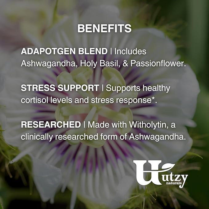 Utzy Naturals Adapto-Calm | Stress Support Formula | with Ashwagandha Tulsi Holy Basil and Passionflower | 60 Capsules