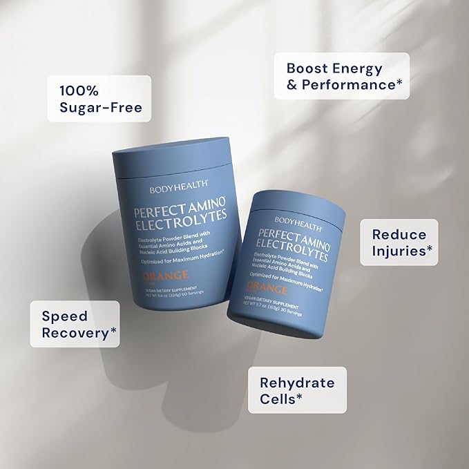 BodyHealth PerfectAmino Electrolytes Powder No Sugar Keto Sugar Free Fasting Electrolytes Drink Mix Hydration Powder with Trace Minerals - Orange - 30 Servings