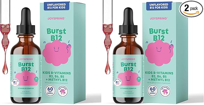JoySpring Burst B12 Drops - Vitamin B Complex for Kids with Methyl B12 Supplement to Support Healthy Growth &amp Development Vegan Liquid B12 Drops Ages 3-16+ | 2 fl oz (60 Servings) (Pack of 2)
