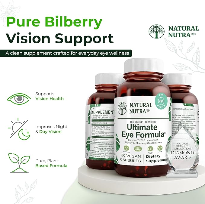 Natural Nutra Ultimate Eye Health Supplement - Bilberry &amp Blueberry Extract Blend for Day and Night Vision Support Promotes Color Perception &amp Eye Clarity - Non-GMO Vegan - 30 Capsules (Pack