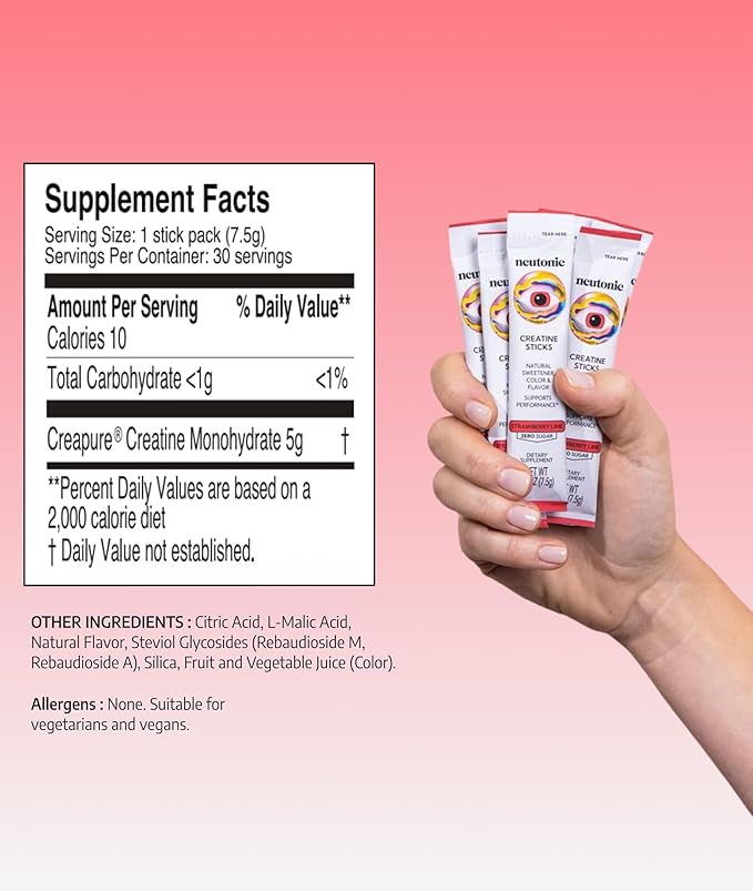 Neutonic Creatine Monohydrate | Strawberry Lime Flavored | Premium Micronized Creapure Creatine Powder | Supports Strength and Power | Zero Sugar Vegan | Convenient Single-Serve Packets | 30 Sticks