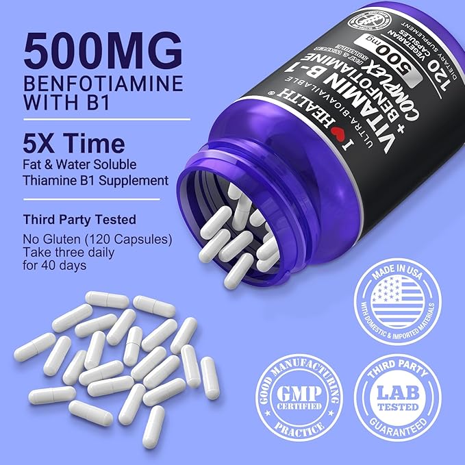 Benfotiamine 600mg Plus 20mg Vitamin B1 and Vitamin B1 500mg with Benfotiamine 20mg120 Capsules
