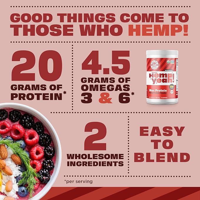 Manitoba Harvest Hemp Yeah Organic Max Protein Powder Unsweetened 16oz with 20g Protein and 4.5g Omegas 3&amp6 per Serving Keto-Friendly Preservative Free Non-GMO Packaging May Vary
