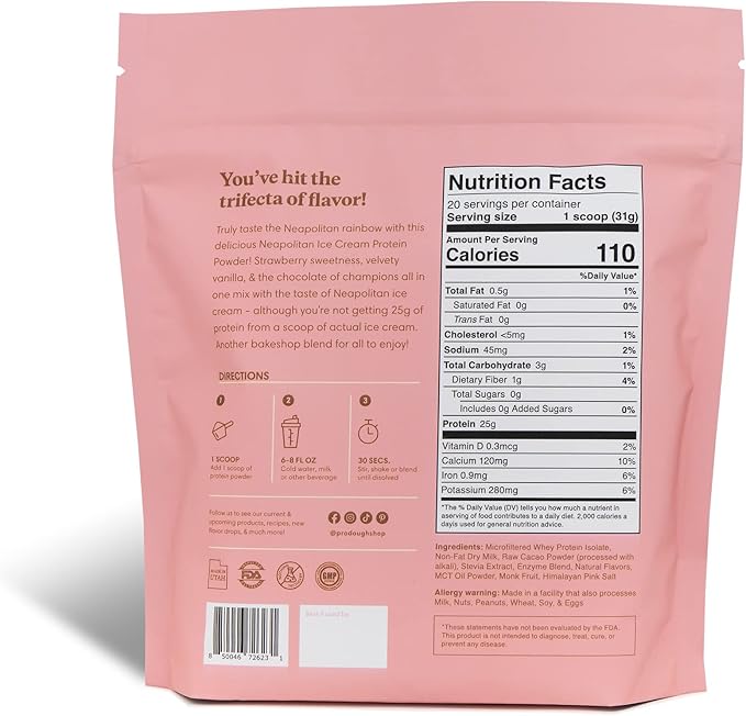 ProDough Gourmet Whey Isolate Hydrolized Protein Powder for Shake Mix- Easy Digest Enzyme Blend 25g Protein per Serving Natural Ingredients Gluten Free Keto Friendly (Neapolitan)