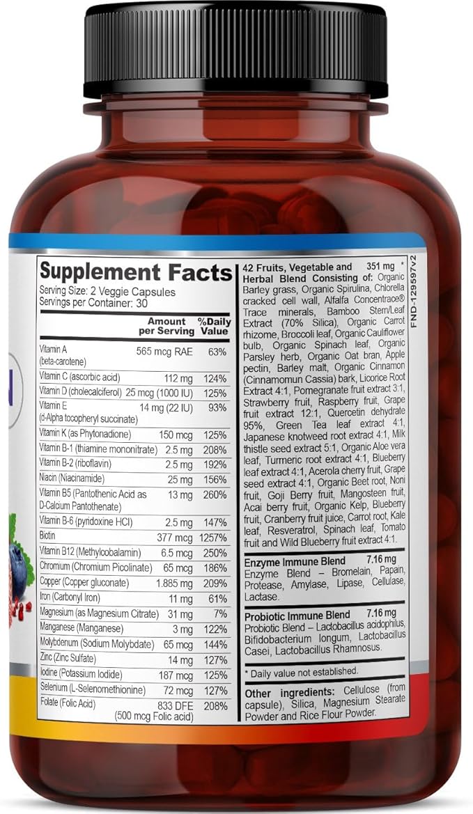 FineLand Multi-Vimin Daily Complete – 22 Vitamins Plus 42 Fruits Vegetables and Herbs with Enzymes Probiotics and Full Spectrum Minerals – 60 Vegan Capsules