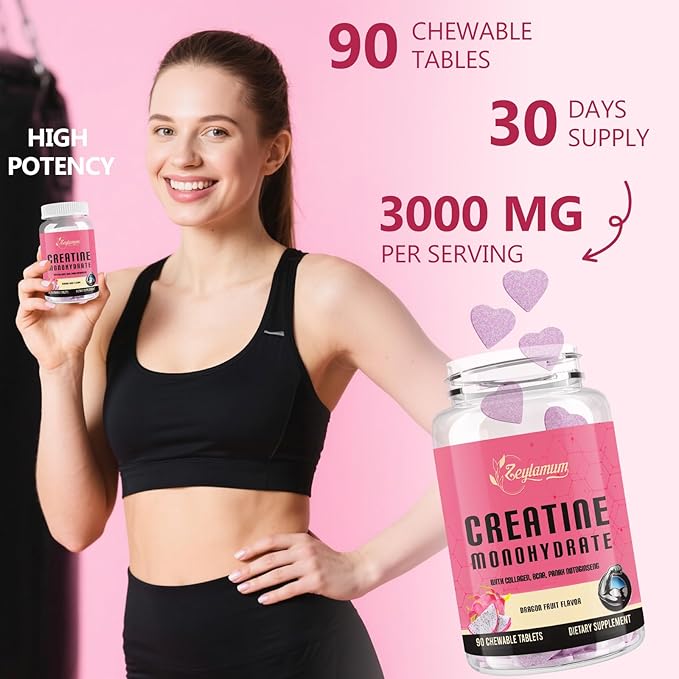 Creatine for Women | with Hydrolyzed Collagen BCAA | 3G Creatine Chews for Women Booty Gain Lean Muscles Recovery &amp Energy Vegan Sugar Free Creatine Powder Alternative 60 Servings