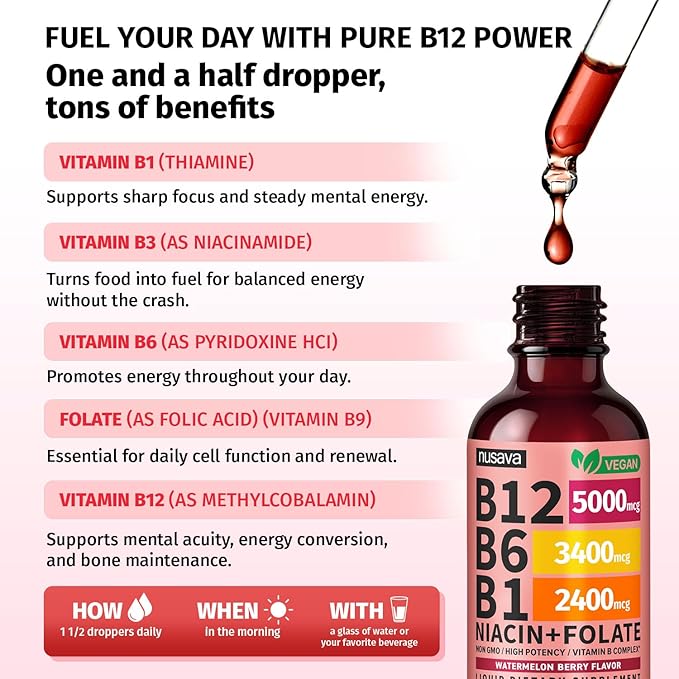 (2 Pack) Vitamin B12 and B6 Liquid Drops B12 Sublingual Vitamin B Complex - B 12 Vitamin 5000mcg - B12 Methylcobalamin for Energy Brain Heart Support with 27200 mcg Watermelon Berry 80 Servings