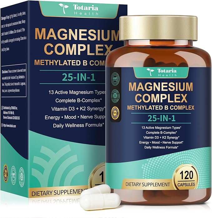 25-in-1 Magnesium Complex with Methylated B Complex Magnesium Glycinate Citrate Malate Taurate Gluconate Aspartate Carbonate D3 K2 Magnesium Supplement for Relaxation Energy &amp Nerve 120 Vegan Ca