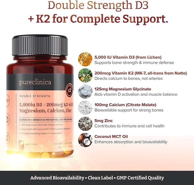 pureclinica Double Strength D3 + K2 Complex x 360 Vegan Softgels (4 Bottles of 90) – 5000 IU D3 + 100mcg K2 with Magnesium Calcium &amp Zinc – 12 Months Supply