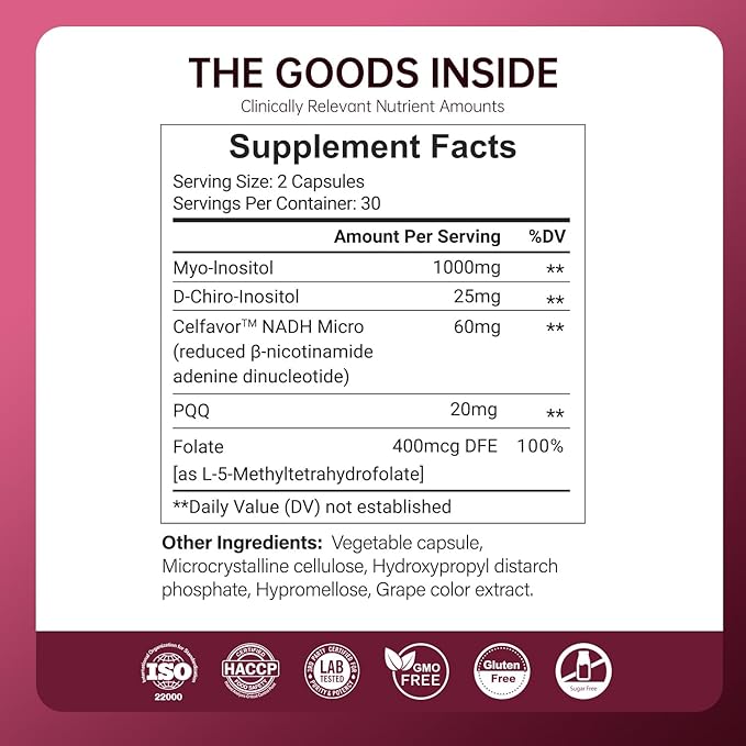 Myo-Inositol &amp D-Chiro Inositol Supplement for Women – Ideal 40:1 Ratio NADH Plus Folate and PQQ – Hormone Balance &amp Ovarian Support