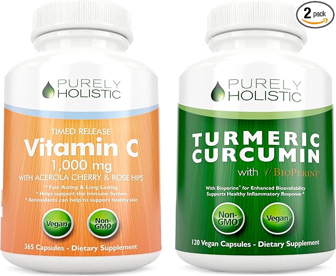 Purely Holistic Vitamin C 1000mg + Organic Turmeric Curcumin 700mg &amp Bioperine - 365 + 120 Capsules - Vegan Bundle - with Rosehip &amp Acerola Cherry - Made in USA