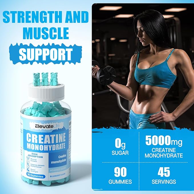 ElevateLife Creatine Monohydrate Gummies for Men &amp Women Chewables Creatine Monohydrate for Muscle Strength Muscle Builder Energy Boost Pre-Workout Supplement(90 Count)-Blueberry