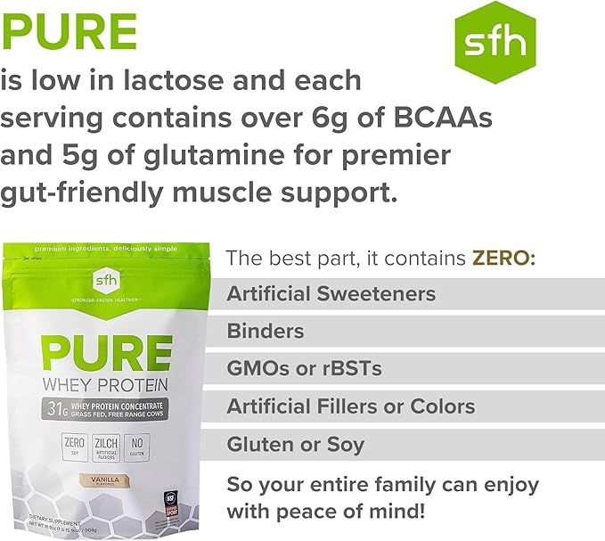 SFH Pure Whey Protein Powder (Vanilla) Best Tastin Grass Fed Whey | All Natural | Non-GMO No Artificials Soy Free Gluten Free | (Vanilla 31.9 Ounce (Pack of 1)