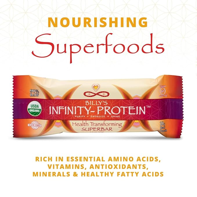 Billy's Infinity Plant Based Protein Bars Healthy Snacks with 18g of Plant Protein Organic Gluten Free Dairy Free Soy Free Sweetened with Dates and Honey (12 Bars)
