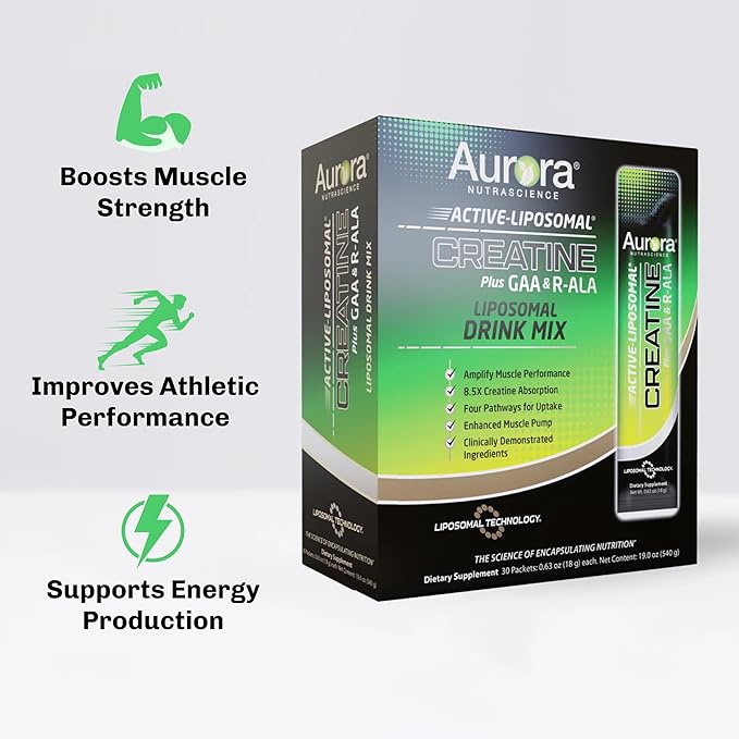 Aurora Nutrascience Active Liposomal Creatine Monohydrate GAA &amp R-ALA - Powder Creatine Supplement for Men &amp Women Muscle &amp Energy Support Travel Packs To Go - 30 Single Serve Packets L