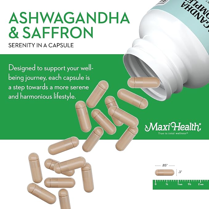 Maxi Health Ashwagandha Supplements Complex with Saffron – 600mg Ashwagandha Capsules &amp 30mg Saffron Extract for Stress Relief Mood &amp Calm – Kosher 60 Capsules
