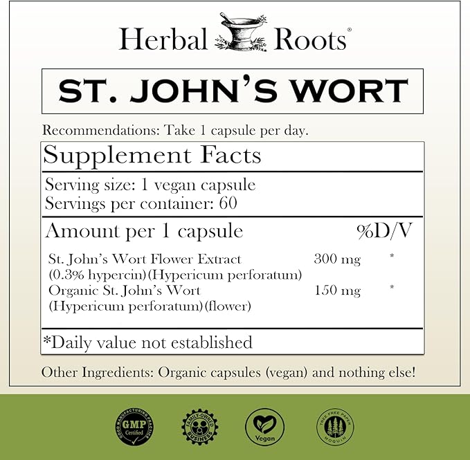 Herbal Roots Mood Duo Organic St. John's Wort and Ashwagandha Supplement Natural Mood Support Non-GMO