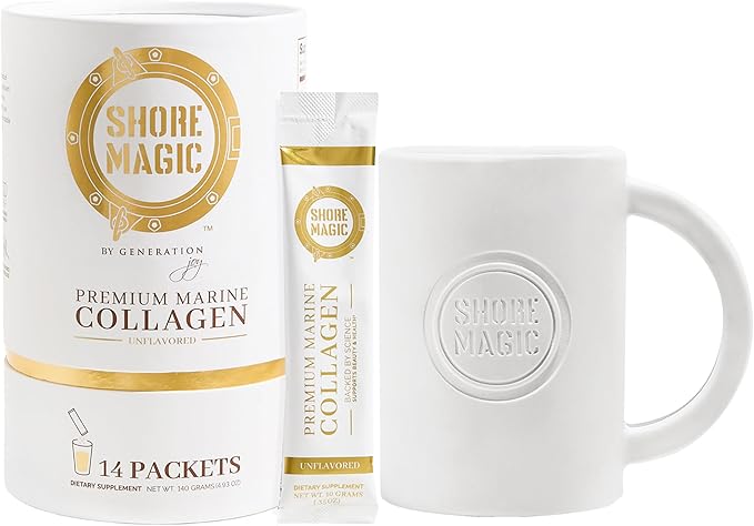 Shore Magic 14-Day Collagen Packets + Signature Ceramic Mug Bundle – Marine Collagen Peptides Types I-IV Unflavored Travel-Friendly – with 14 oz Premium Mug for Daily Collagen Coffee &amp Tea