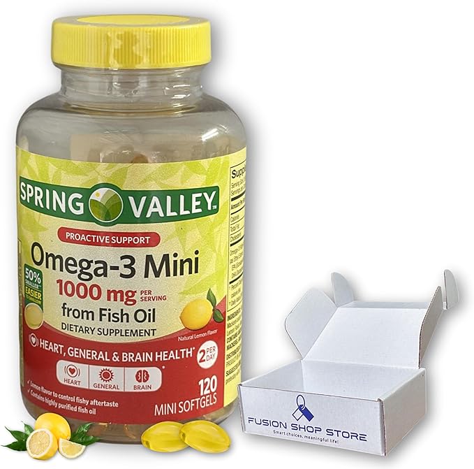Omega 3 mini 1000mg- Fish Oil Softgels Natural Lemon falvor 120ct (Pack of 1) Boxed by Fusion Shop Store