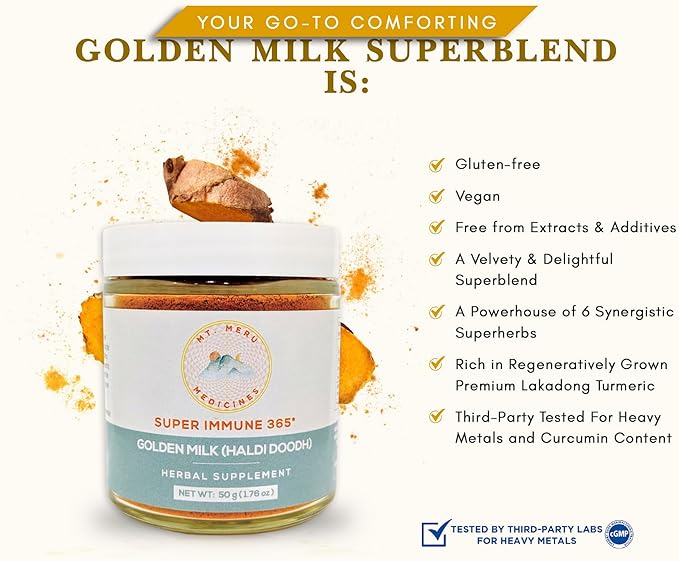 Mt.Meru Medicines Ayurvedic Haldi Doodh/Golden Milk Superblend- with Immune Boosting Formula Gluten-Free for Brain Health Gut Support with High Curcumin Lakadong Turmeric (1.76oz/50g)