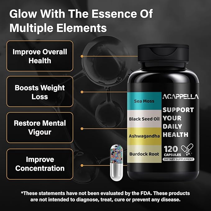 ACAPPELLA Sea Moss Ashwagandha Black Seed Oil Burdock Root Capsule with Vitamin C &amp D3 Turmeric Bladderwrack SupplementMixed Apple Cider Vinegar Elderberries Chlorophyll Element (1)