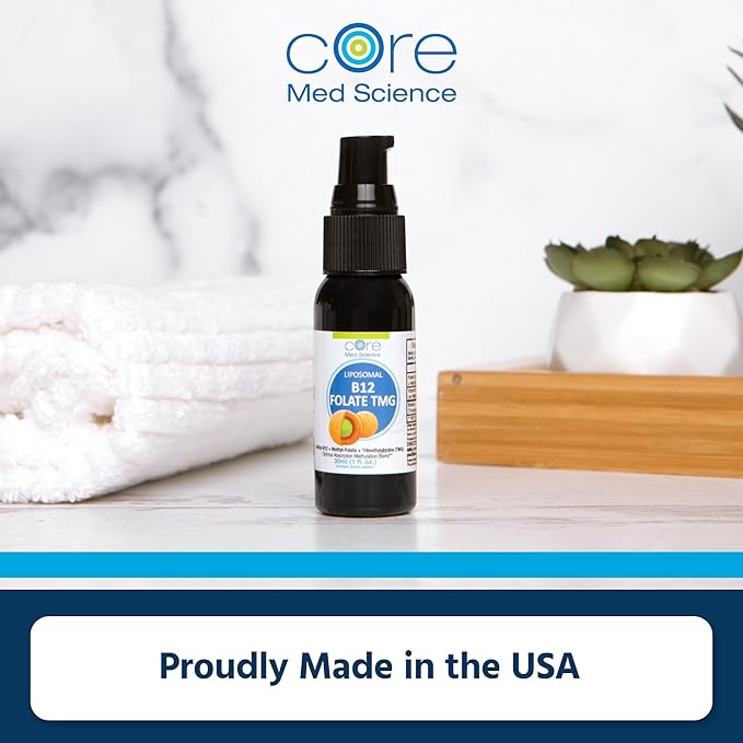 Core Med Science Liposomal B12 Folate TMG Liquid Spray Supplement for Women &amp Men - Supports Mood Cognitive &amp Heart Health - Vitamin B9 &amp Betaine for Homocysteine Levels &amp Methylatio