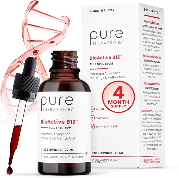 BioActive B12 Full Spectrum Vegan Methylated Vitamin B12 Sublingual Liquid Methylcobalamin Hydroxocobalamin &amp Adenosylcobalamin 1250 mcg per Drop (4 Drops = 5000mcg / 4 Month Supply) 20 ml