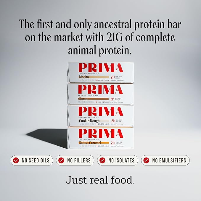 PRIMA ANCESTRAL PROTEIN BAR Grass Fed Protein Bars - 21G Protein – Animal-Based Protein Bar with Beef Tallow Raw Honey Seed Oil Free Low Carb Gluten-Free – Variety Pack - 7 Pack