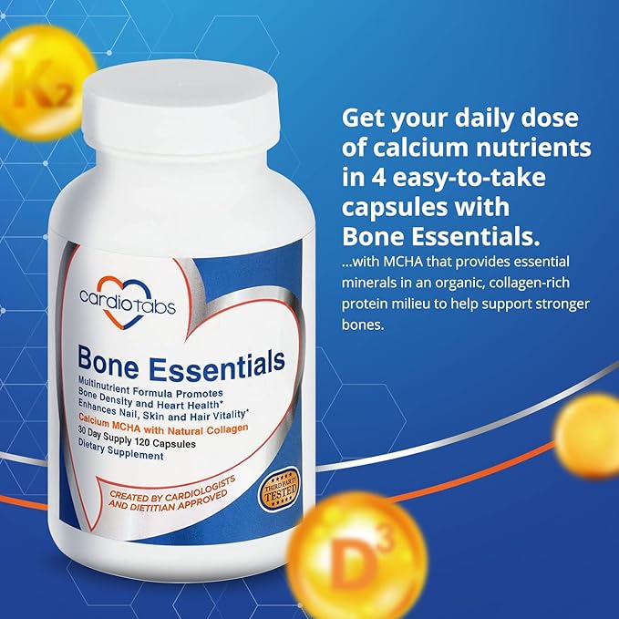 Bone Essentials with MCHA &amp Collagen Calcium Supplement w/Calcium Hydroxyapatite for High Absorption Bone Density and Heart Supplement w/Vitamins Minerals &amp Proteins 120 Capsules
