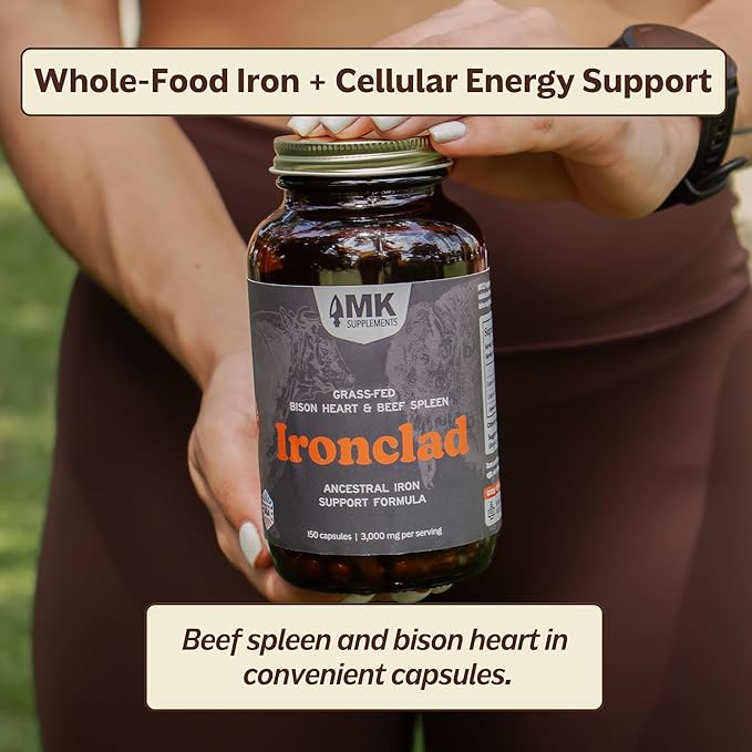 MK Supplements IRONCLAD | Beef Spleen &amp Bison Heart Capsules | ~58% DV Heme Iron + CoQ10 | No GI Distress | Freeze-Dried | 150 Capsules