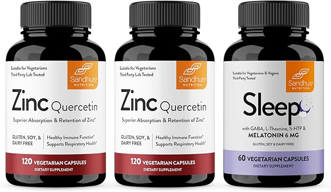 Sandhu's Zinc Quercetin 120 Count (Pack of 2) &amp Sleep 60 Capsules –Non-Habit Forming 5-in-1 Sleep Aid Supplement| Supports Immune Health &amp Aids Restful Sleep