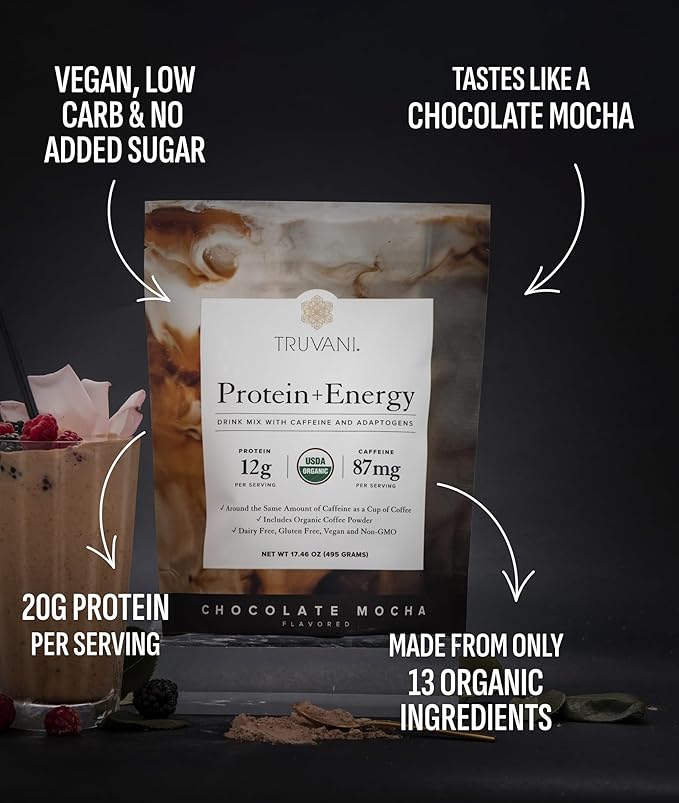 Truvani Protein + Energy Drink Mix with 87mg Caffeine | Chocolate Mocha | 12g Organic Plant Based Protein | 20 Servings | USDA Organic Coffee Powder &amp Adaptogens | Gluten &amp Dairy Free | Vegan