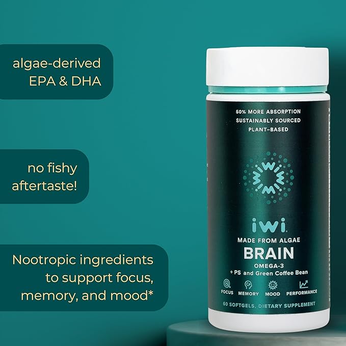 iwi life Brain Omega-3 120 Softgels (60 Servings) Vegan Plant-Based Algae Omega-3 with EPA + DHA Focus Memory and Mood Support Dietary Supplement Krill &amp Fish Oil Alternative No Fishy Aftert