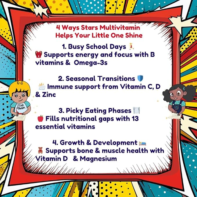 Stars Kids Multivitamin Gummies with Omega 3 Vitamins for Kids with A B C D Plant Based Multi Vitamins for Children Manganese 60 Star-Shaped Multivitamin for Kids Gluten-Free Gummy Vitamins
