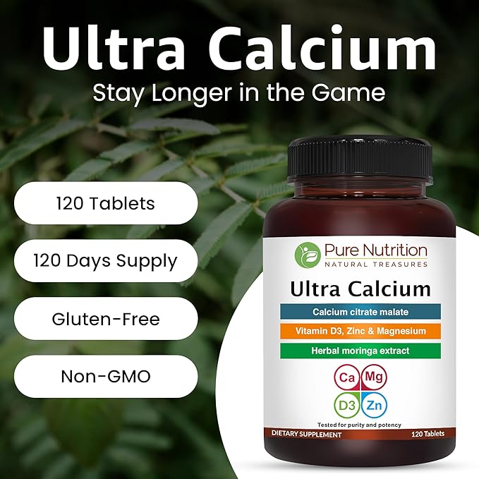Pure Nutrition Ultra Calcium 1000mg with VIT D3 + K2 | 120 Tab | Calcium Supplement with Calcium Citrate Malate VIT D3 K2 Moringa Oleifera Magnesium and Zinc.