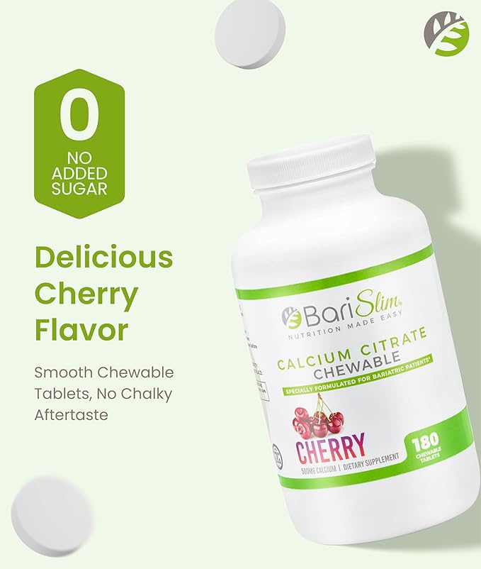 BariSlim Bariatric Calcium Citrate with Magnesium &amp Vitamin D Tabs - 500mg Calcium Citrate - Formulated for Post Weight Loss Surgery - Supports Bone Health | Cherry | 180 Tablets