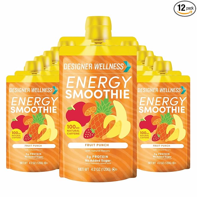 Designer Wellness Energy Smoothie Real Fruit 100mg Natural Caffeine 5g Protein Low Carb Zero Added Sugar Gluten-Free Fruit Punch 12 Count