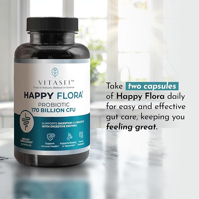 VITASEI Happy Flora Probiotic Supplement 170 Billion CFU for a Healthy Gut Health with enzymes for Digestion probiotics for Women and Men 1 Bottle - 60 Capsules