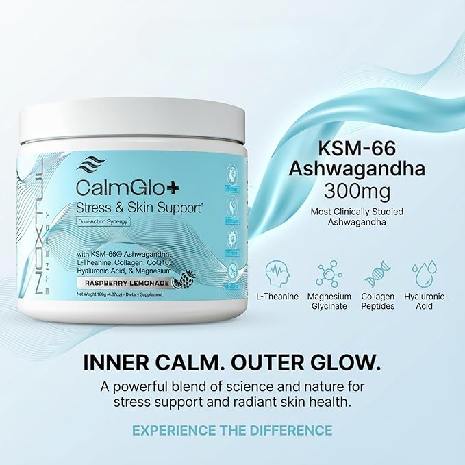 Daily Stress &amp Skin Support Drink Powder – Adaptogen Cortisol Reducer with Ashwagandha KSM-66 L-Theanine Magnesium &amp Collagen Peptides – Mood Focus &amp Hydration - Raspberry Lemonade 30