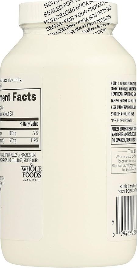 365 by Whole Foods Market Calcium 1000Mg Magnesium 500Mg Easy Swallow 250 Veg Capsules (Pack of 2)