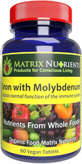 Iron with Molybdenum - Immune and Stress Support ANTIOXIDANT Health Assists with Cellular Growth - 100% Organic - Vegan Tablets (60ct)